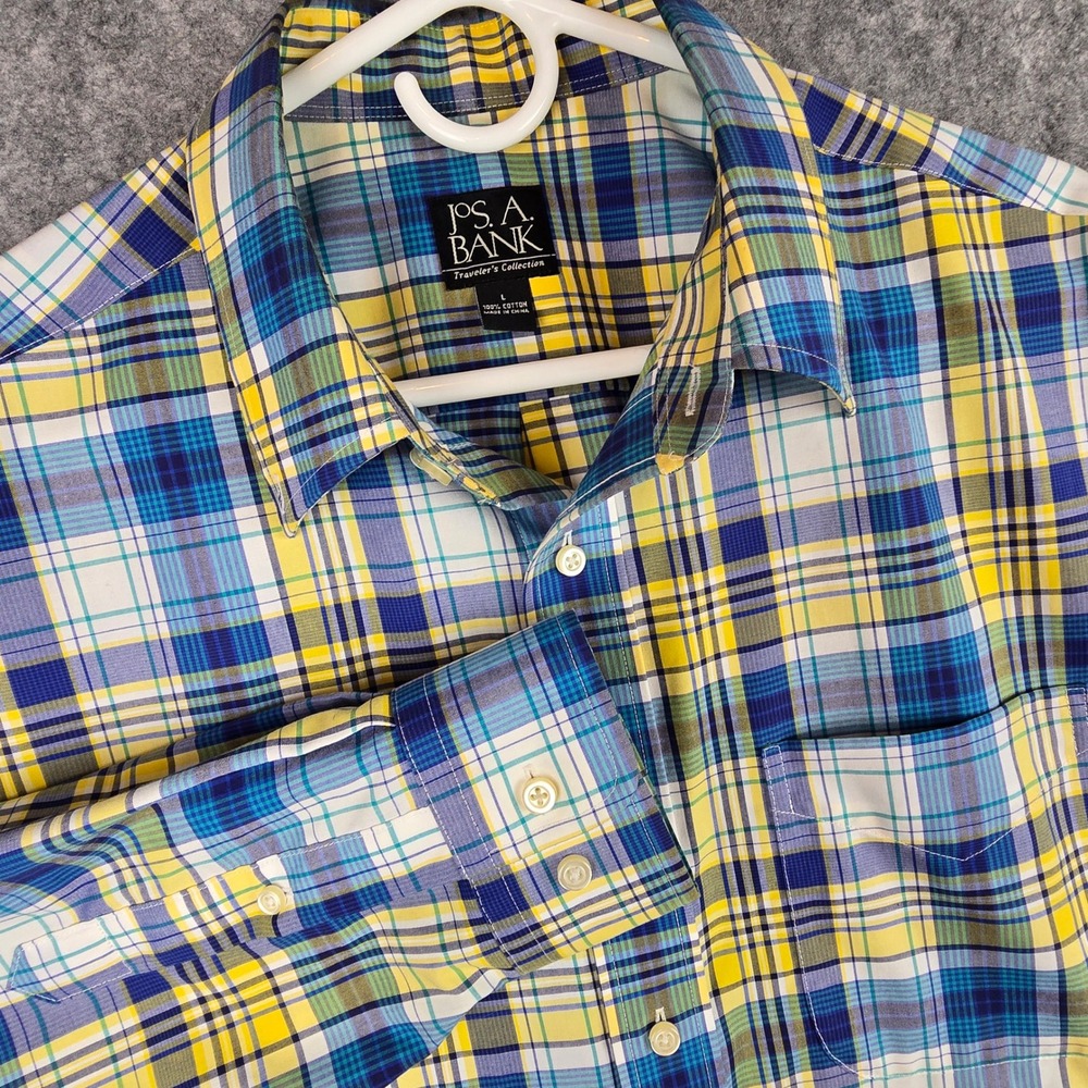Jos. A. Bank Shirt Mens Large Blue Yellow Plaid Classic Fit Travelers Collection